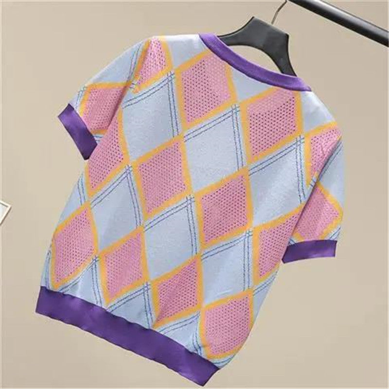 Summer Women's Ice Silk Hollow Contrast Color Rhombus Pattern