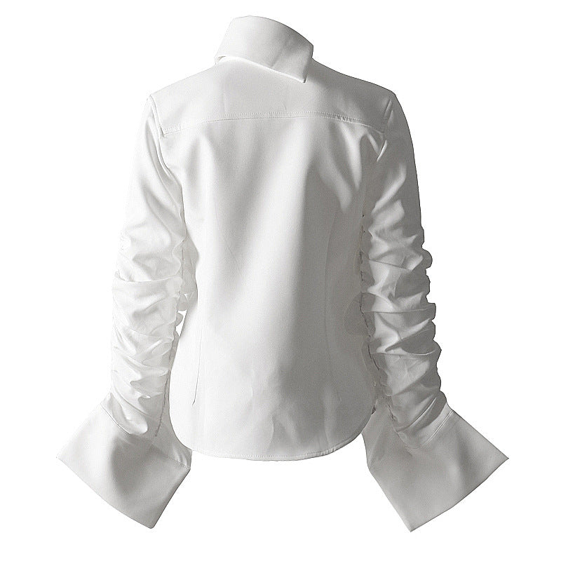 European Station Spring and Summer New Design Sense White Shirt Women''s Asymmetrical Pleated Individual Minority Shirt 1075