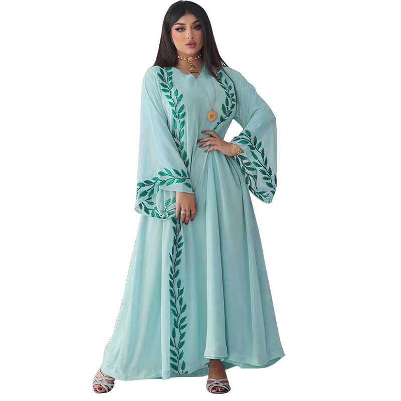 Langes, muslimisches, besticktes Chiffon-Kleid mit Rundhalsausschnitt und Kopftuch