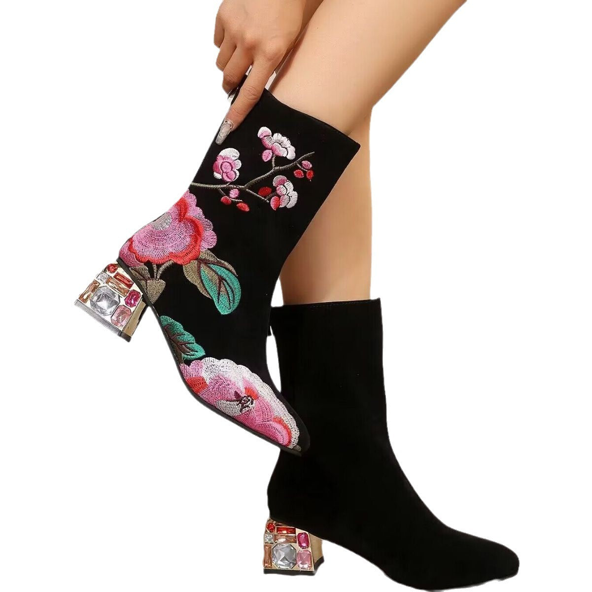 Blumen-Wadenmitte-Vintage-Stickerei-Herbst- und Winter-Damenstiefel