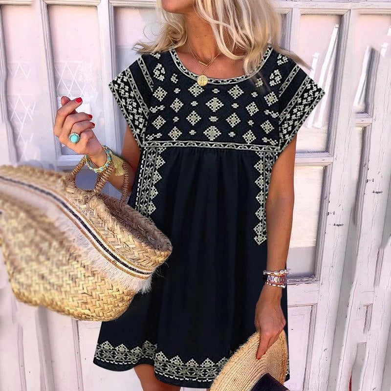 Fashion round neck printed short sleeve dress