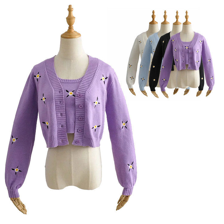 Flower embroidery sweater coat + all-match short vest two-piece women's clothing