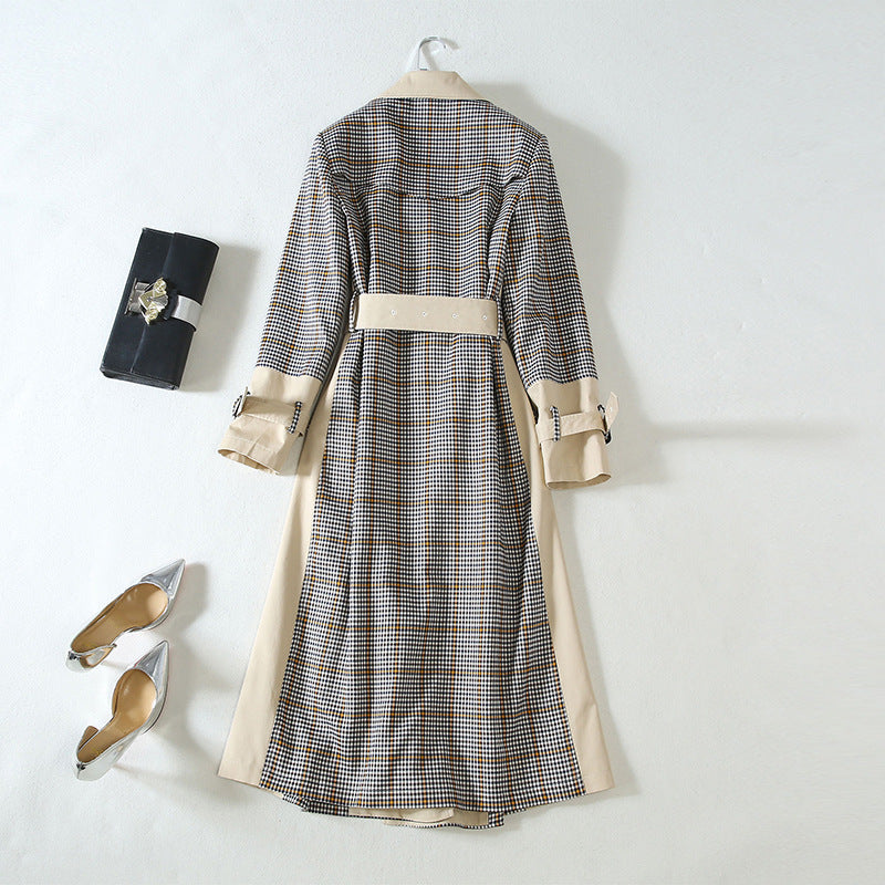 Checked stitching lace-up waist long trench coat