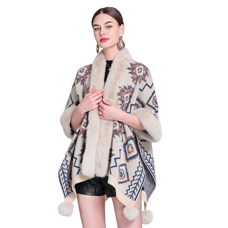 Ethnic Style Fur Ball Shawl Cape Cloak