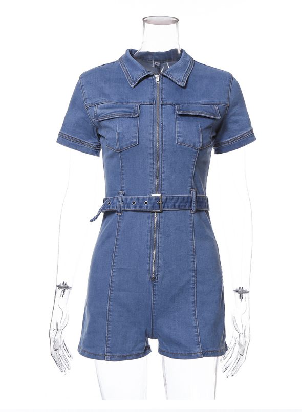 Fashion street beat deep V zipper belt pocket slim denim jumpsuit