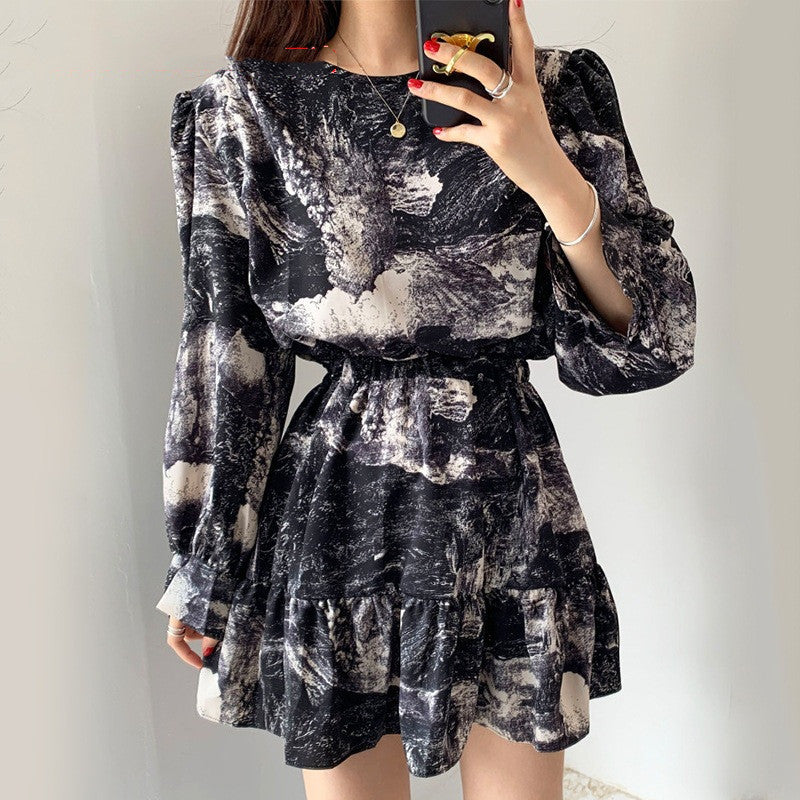 Elegant Temperament Ink Printing Design Round Neck Slim High Waist Lantern Sleeves Ruffled Dress