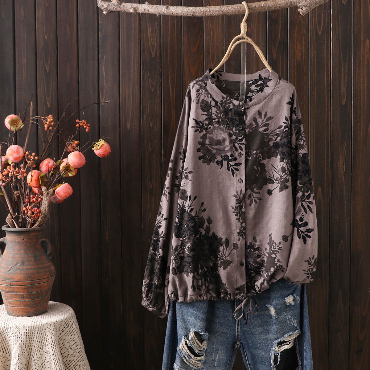 Ethnic Floral Printed Long Sleeve Shirt