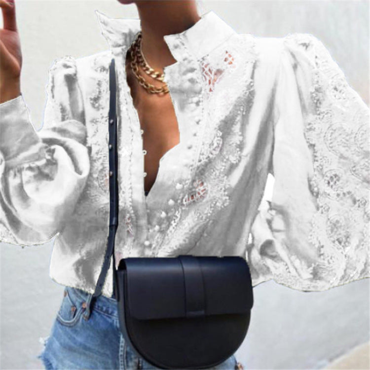 Women's Solid Color Lace Cutout Stand Collar Shirt