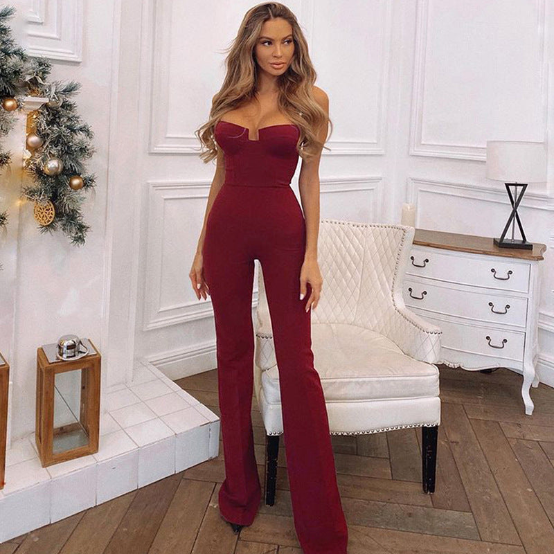 Fashion Women's Pearl Sling Crinkle Waist Wide Leg Jumpsuit