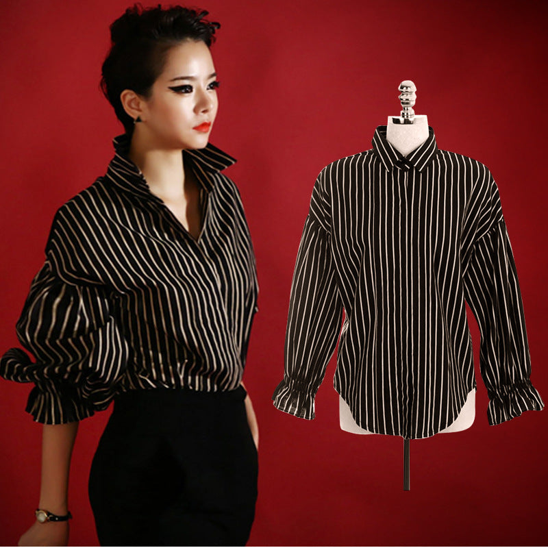 Black and White Striped Loose Blouse