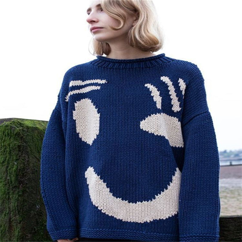 Weihnachts-Smiley-Strickpullover für Damen, langärmelig, Rundhalsausschnitt, garngefärbtes bedrucktes Oberteil für Damen