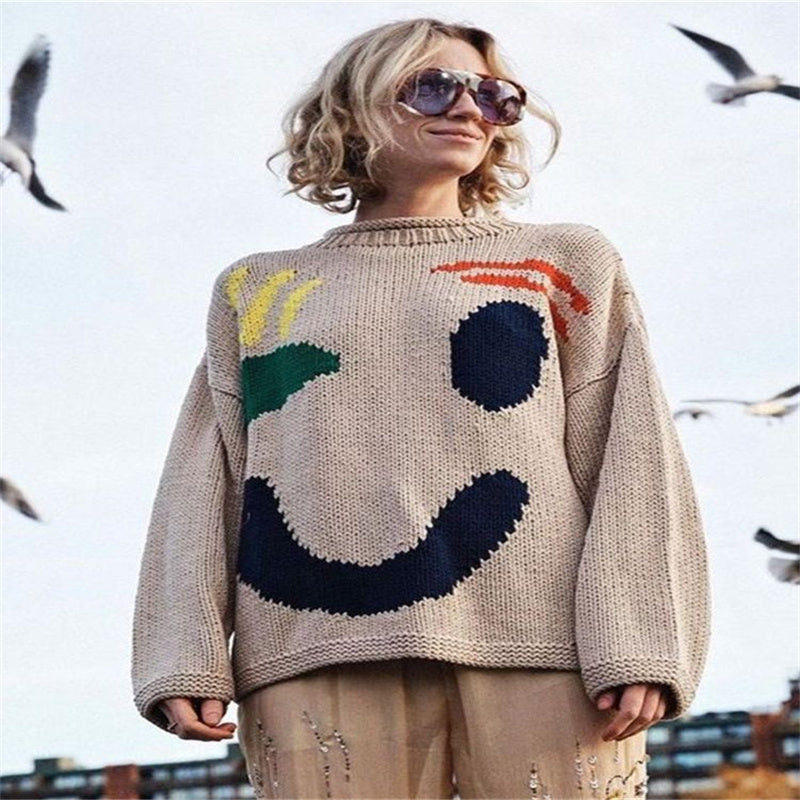 Weihnachts-Smiley-Strickpullover für Damen, langärmelig, Rundhalsausschnitt, garngefärbtes bedrucktes Oberteil für Damen