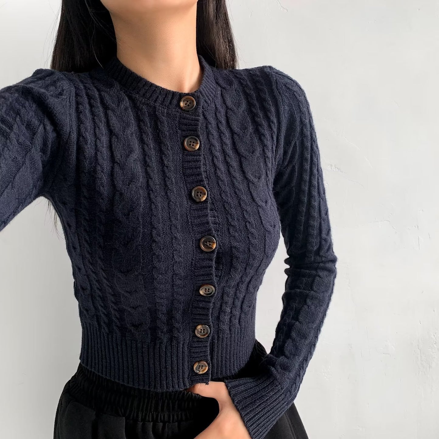 Damen-Langarmpullover im amerikanischen Retro-Stil mit Knopfleiste