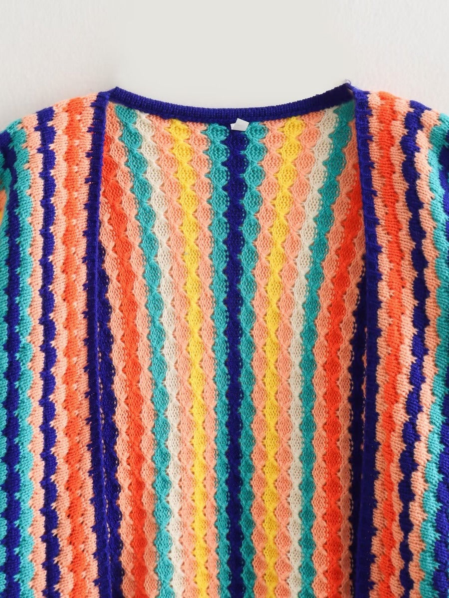 Otoño nuevo Rainbow Bar Cardigan manga larga amplia Songou Meibo suéter abrigo