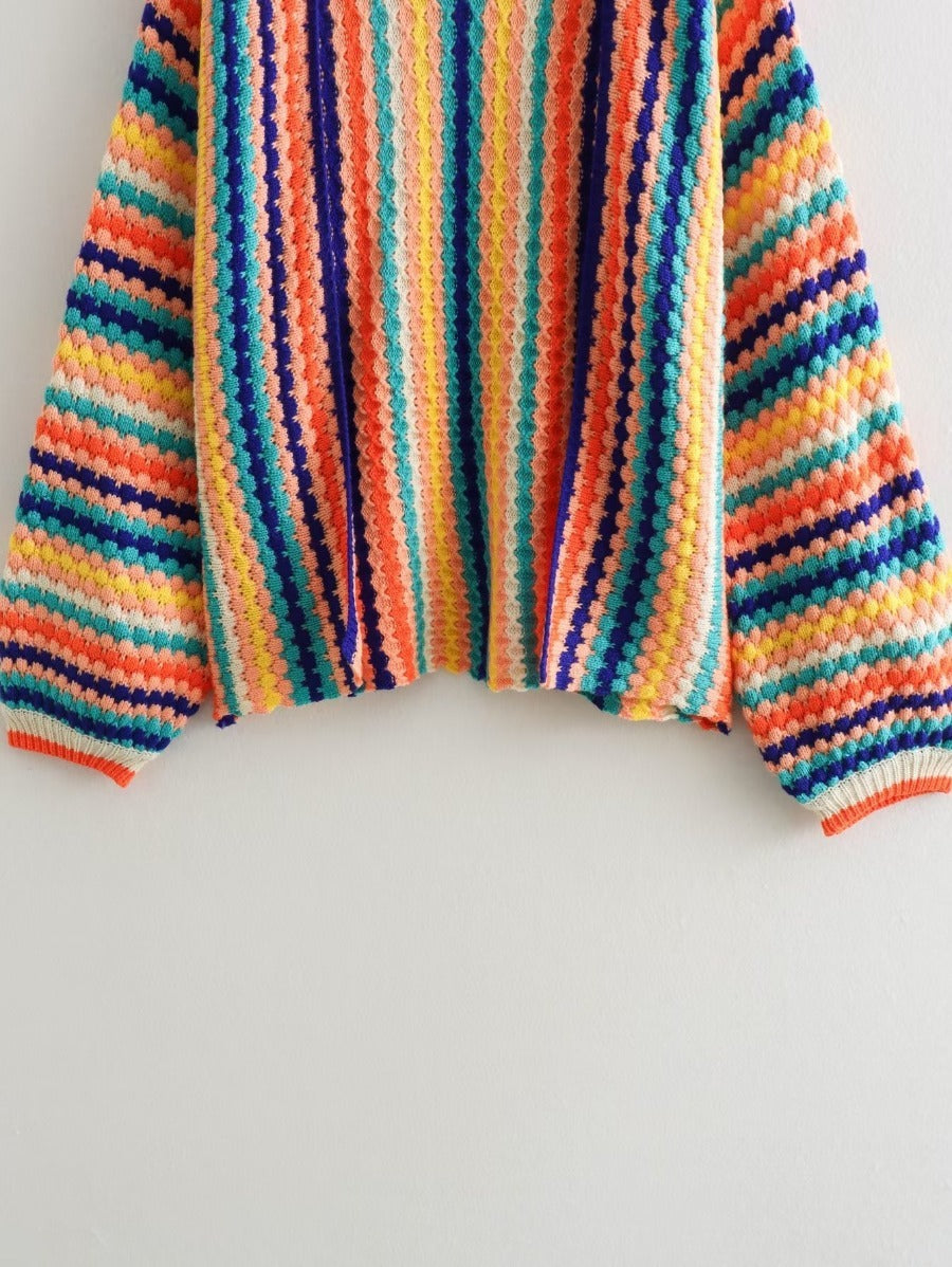 Otoño nuevo Rainbow Bar Cardigan manga larga amplia Songou Meibo suéter abrigo