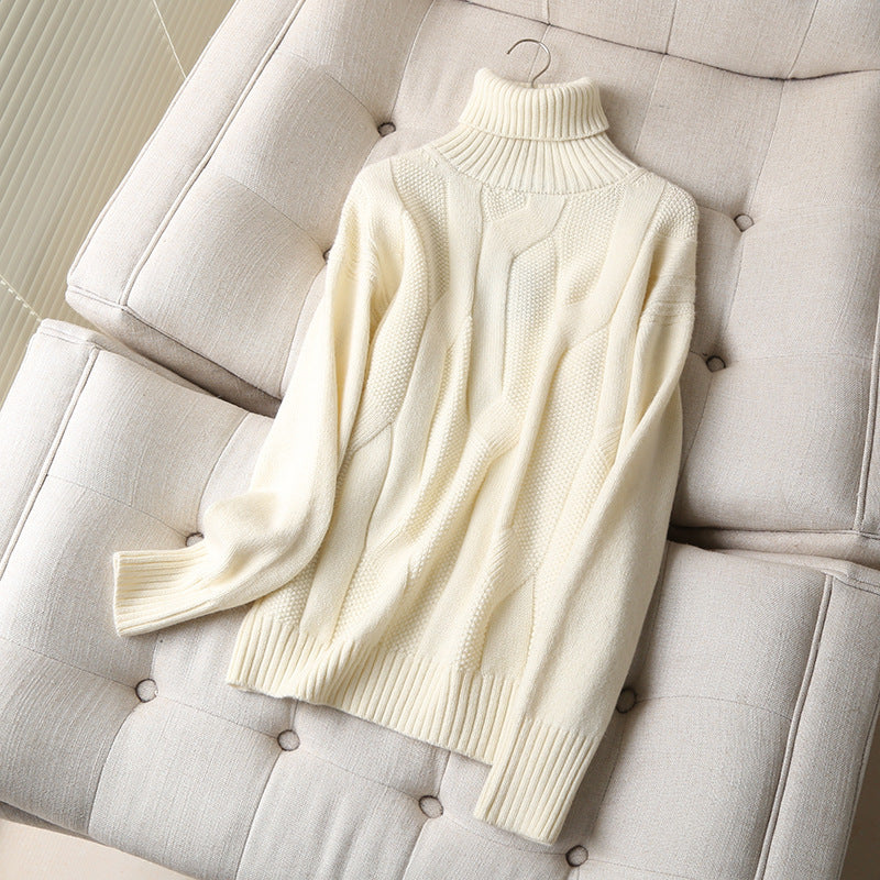 Women's Autumn And Winter Clothing Loose Western Style Beige Turtleneck Twist Turtleneck Sweater Sweater