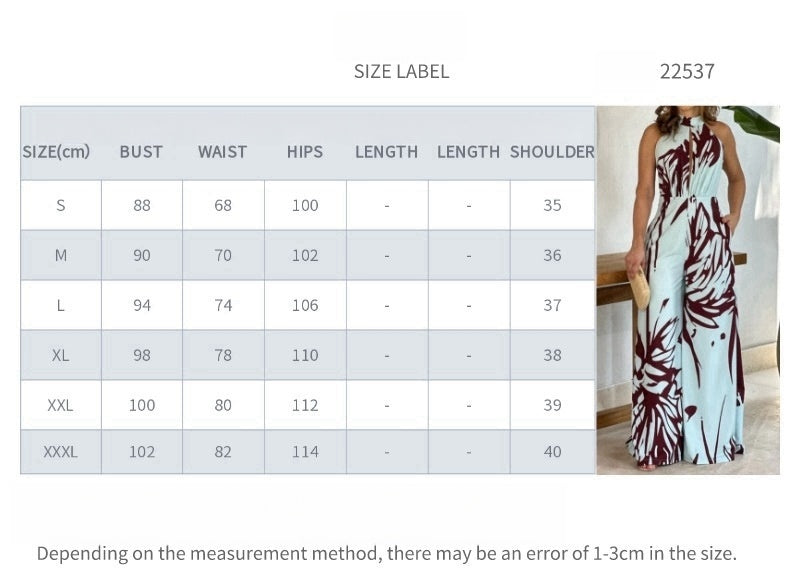 Summer Graceful And Fashionable Half Turtleneck Sleeveless Printed Hollow-out Cinched Wide Leg Jumpsuit