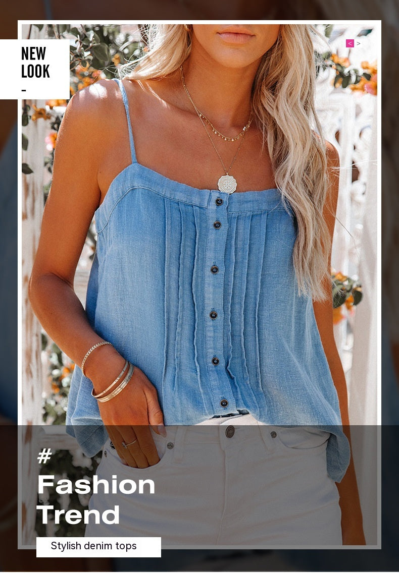 Summer Button Square Collar Sexy Camisole Denim Small Vest