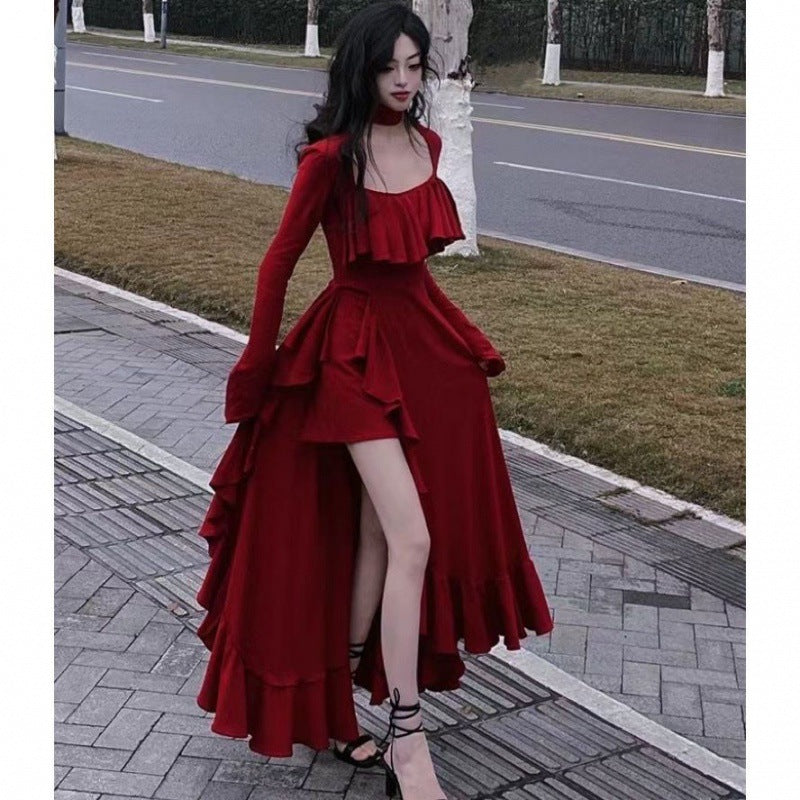 Fork Halter Square Collar Top Long Dress