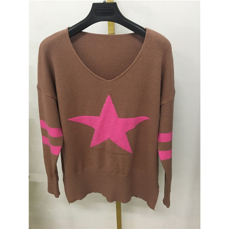 Jersey de punto europeo y americano con estrella de cinco puntas, chaqueta dividida de manga larga con cuello en V, ropa de invierno