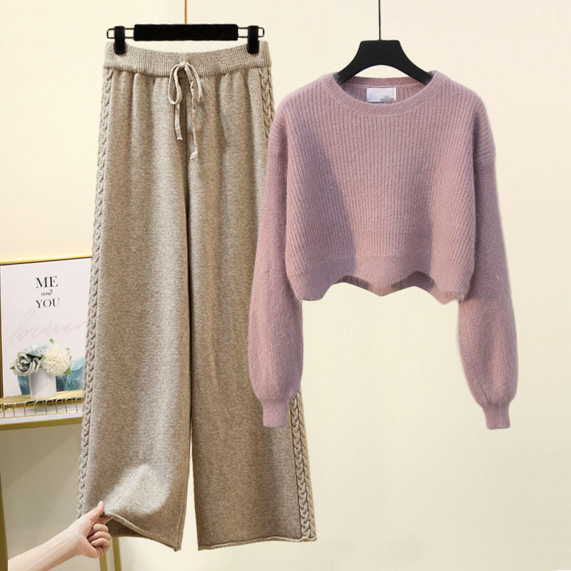 Autumn And Winter Set Knitted Sweater Slimming All-match Wide Leg Pants Suit