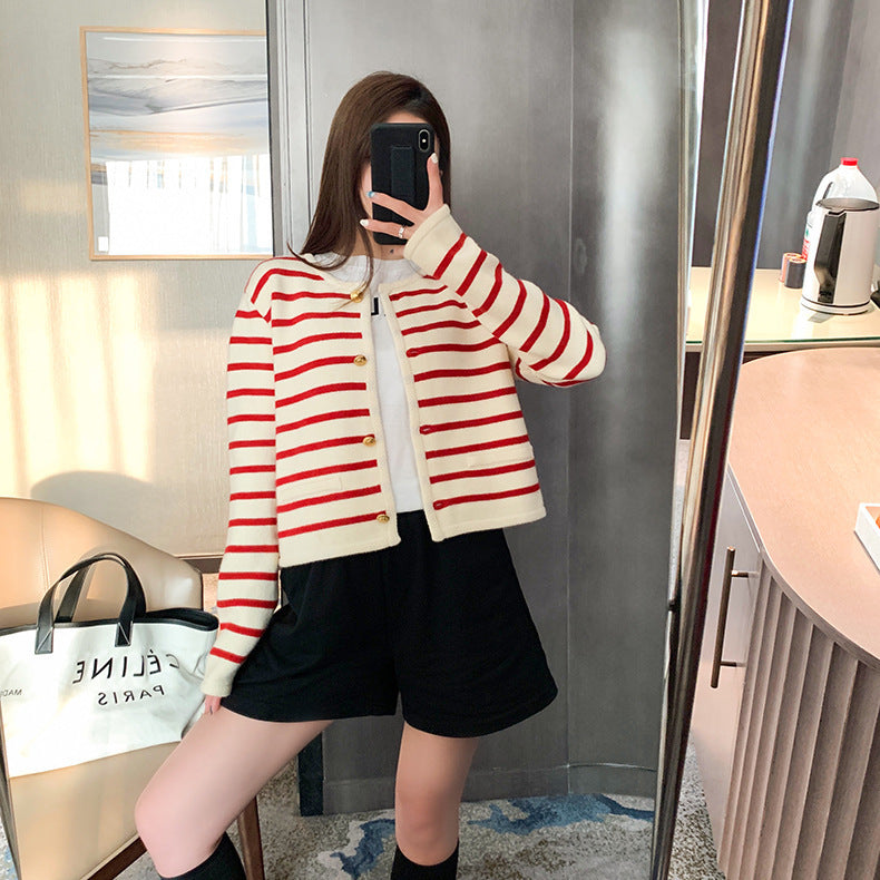 Women's Autumn And Winter New Round Neck Striped Knitted Cardigan Short Coat