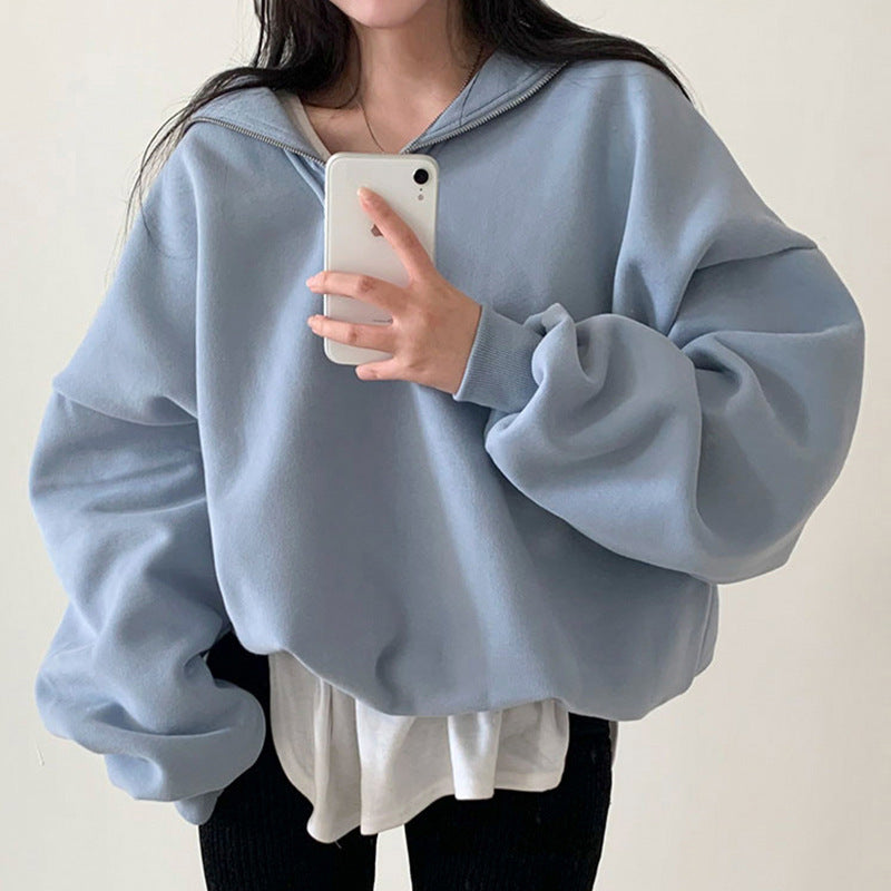 Sudadera con capucha de manga larga para mujer, suéter holgado de ocio con cuello de marinero reductor de edad, a juego, Color sólido