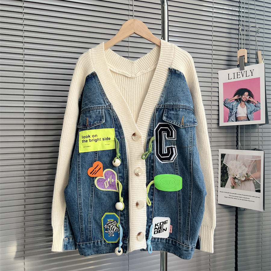 Denim Stitching Sweater Cardigan For Women Loose Knitted Coat