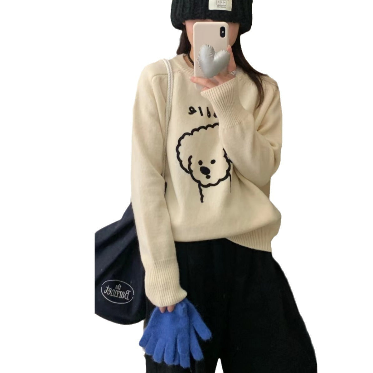 Niedlicher Pullover mit Cartoon-Welpen-Stickerei für Damen