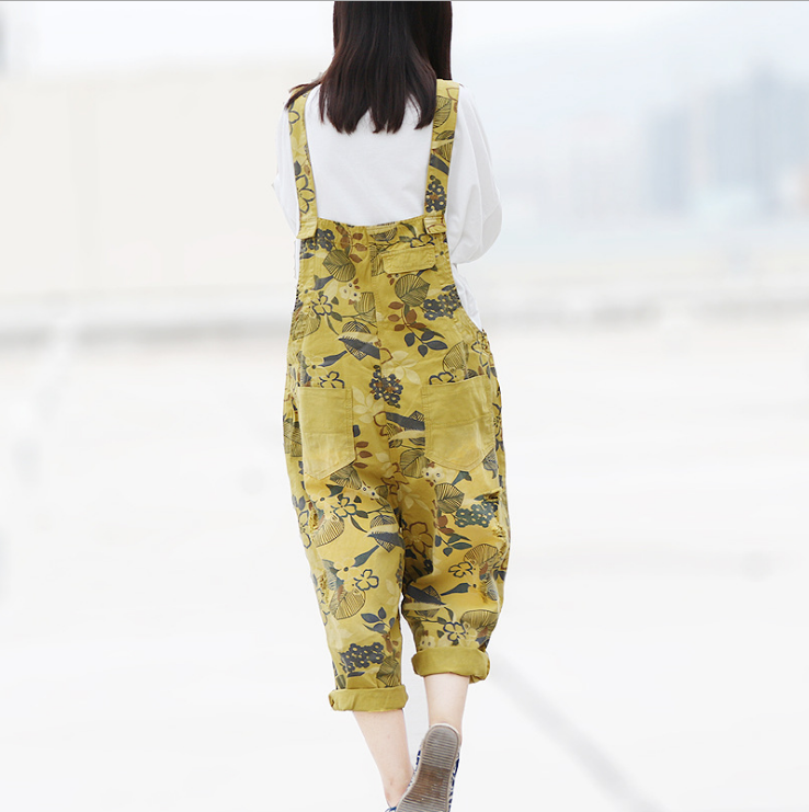 Casual Loose Floral Print Cotton Overalls Women