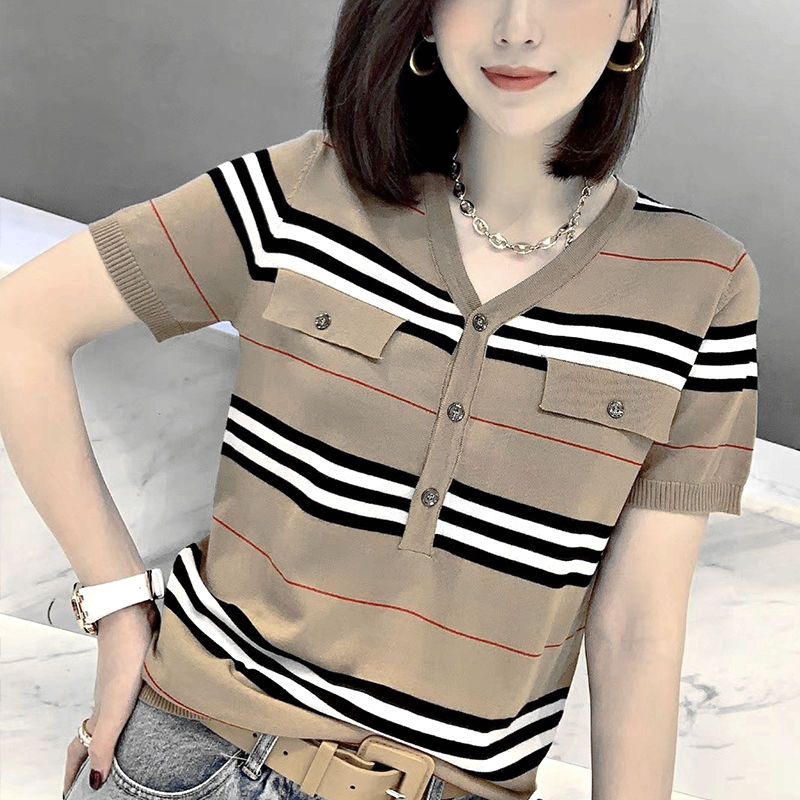 Fake Pocket Striped Ice Silk Sweater Women Short Sleeves