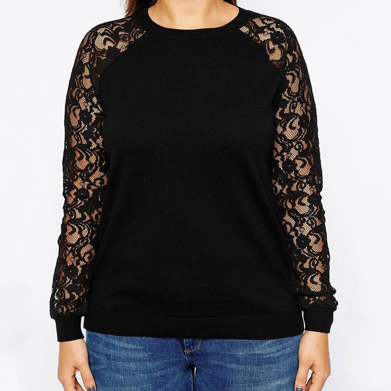 British Style Lace Sleeve Cotton Sweater T-shirt