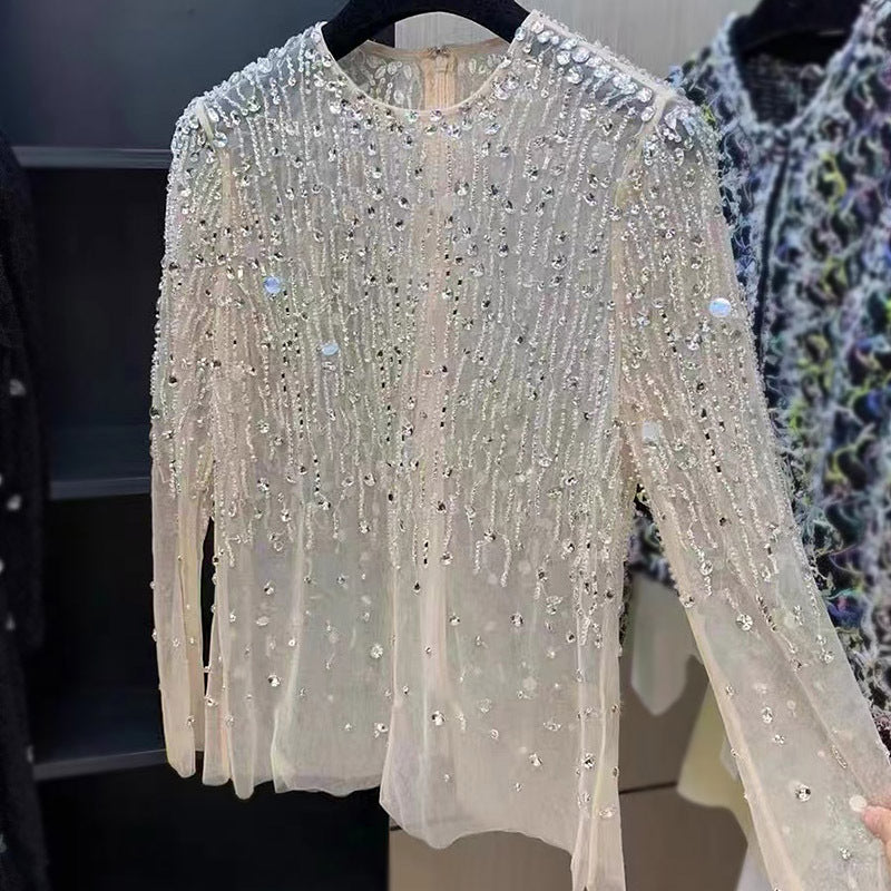 Diamond Blouse Crystal-studded Sequins Mesh Top Women