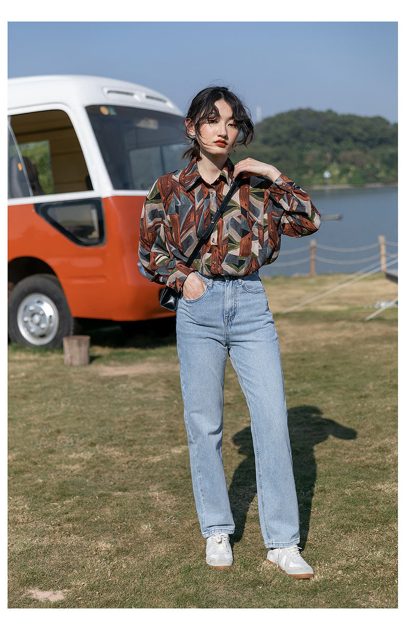 Camisa de flores de manga larga estilo Retro de Hong Kong, Top holgado de primavera y otoño