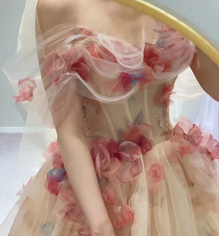 Damen Off-Shoulder Rose Kleid, leichtes neues Hochzeitskleid