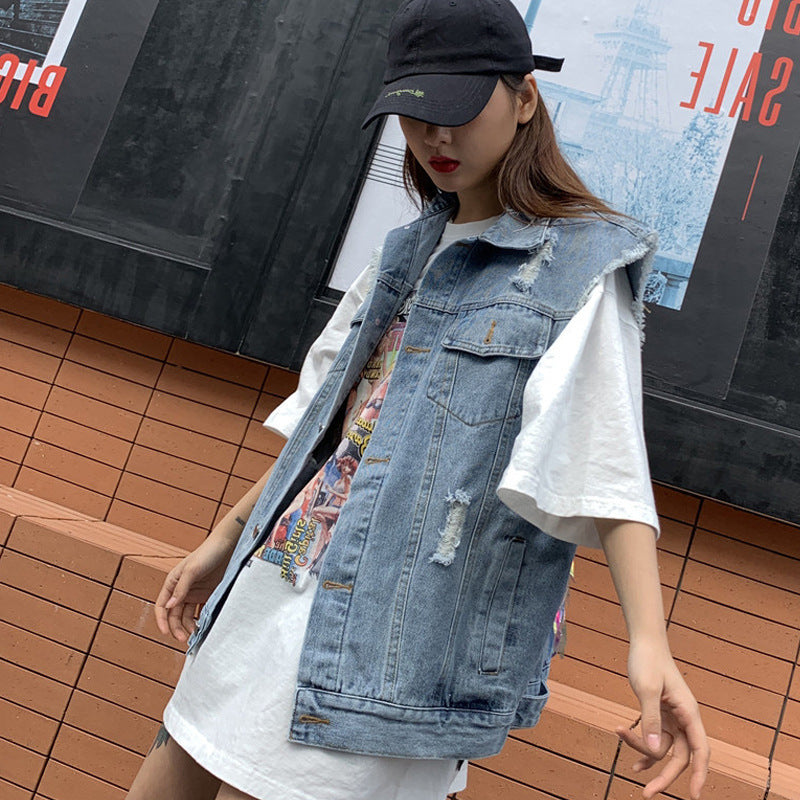 Cat Printing Ripped Sleeveless Denim Top