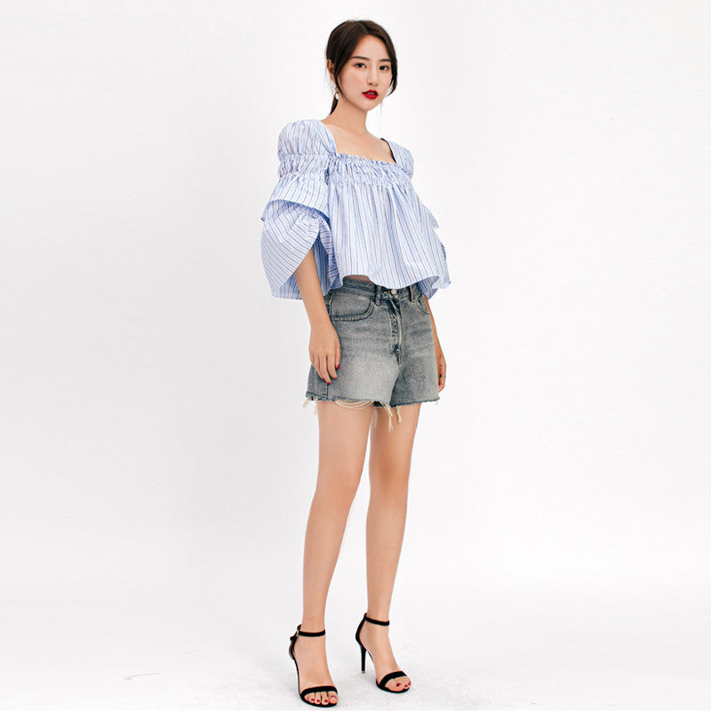 French square collar puff sleeve shirt