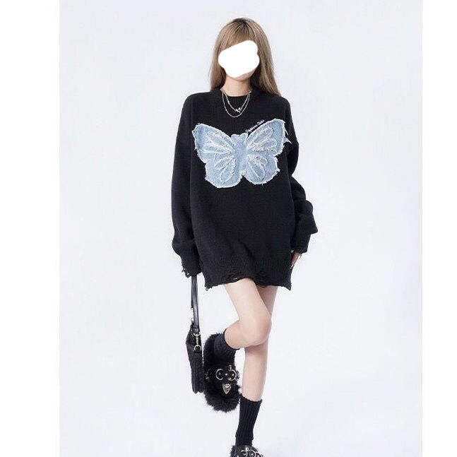 Suéter bordado de mezclilla retro americano con mariposa de nicho para mujer