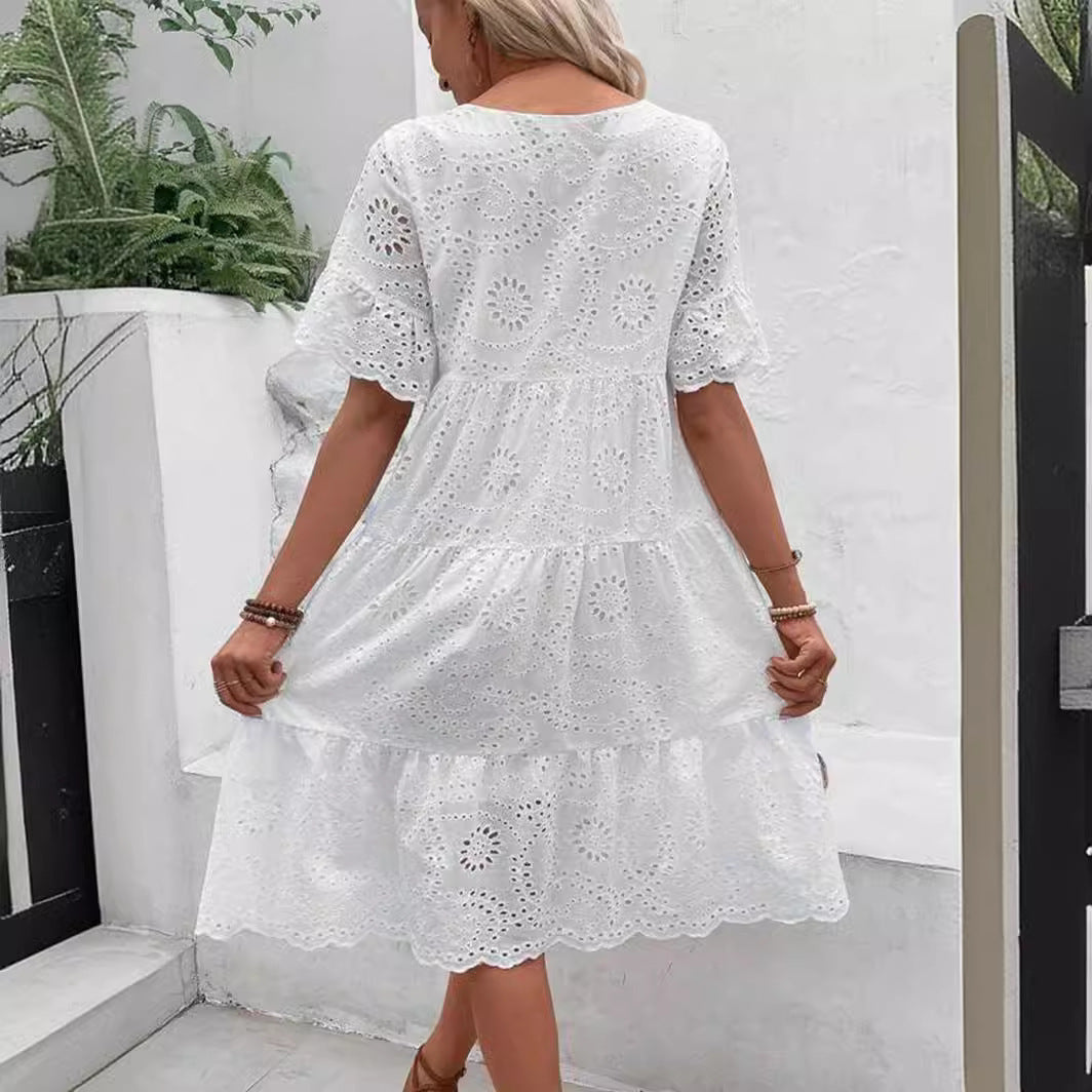 Casual Women's Embroidered Hollow Short Sleeve Round Neck Ruffle Sleeve Waist Dress