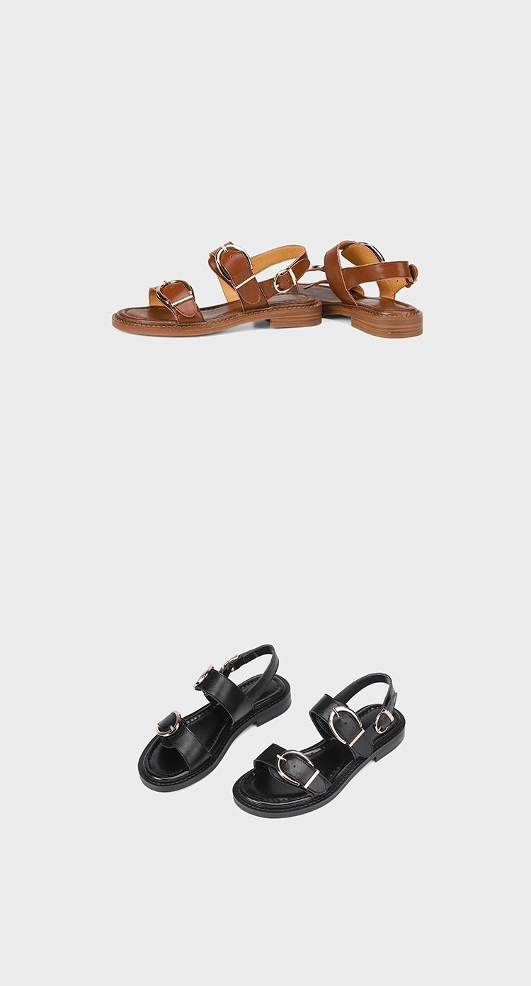 Sandalen mit Knöchelriemen und Gürtelschnalle, Fersenriemen, niedriger Absatz, klobiger Absatz, Rindsleder