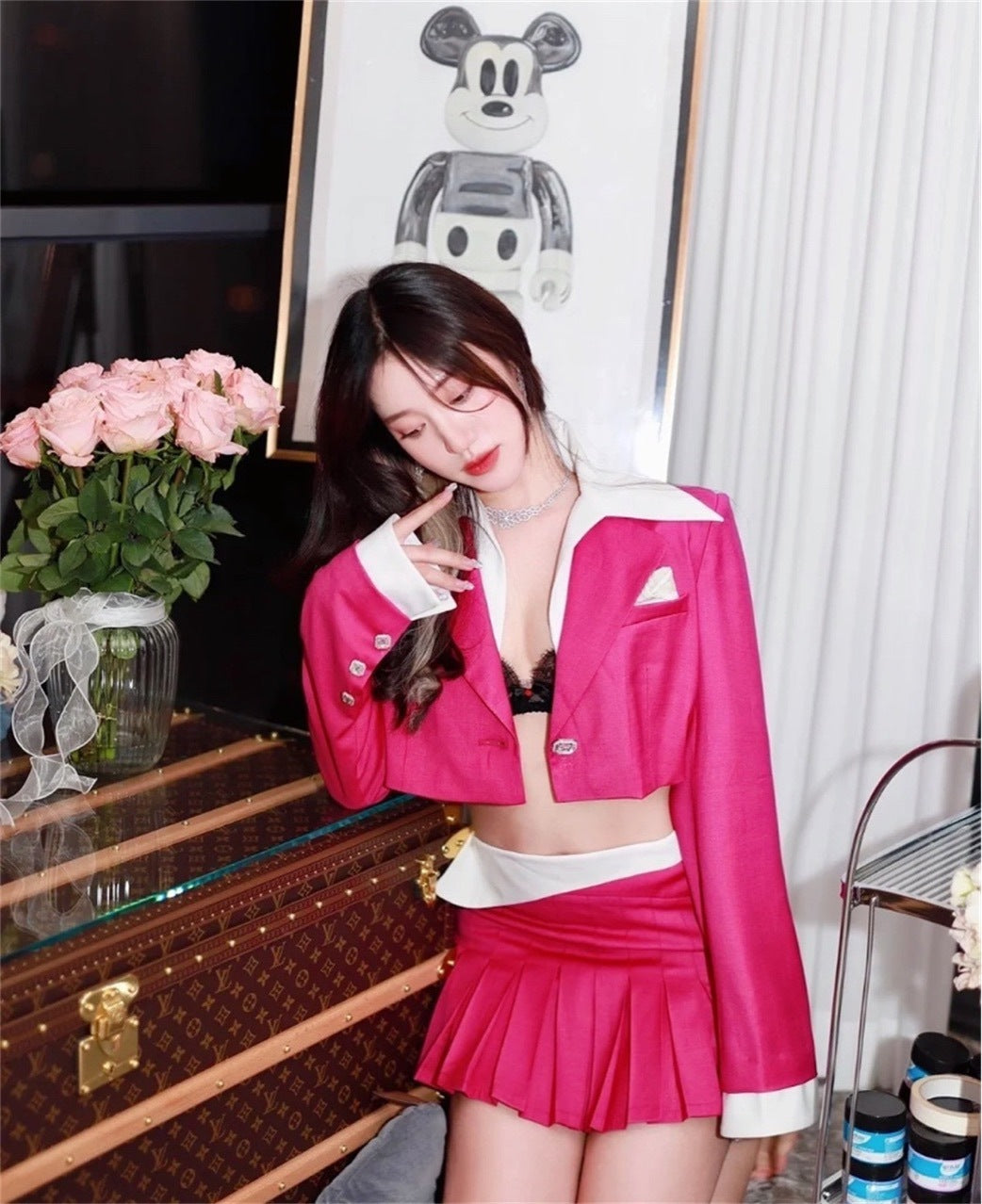 Cropped Fake Long-sleeved Top Color Matching Short Skirt Suit Two-piece Suit