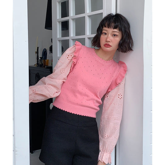 Suéter de punto con abertura de encaje y diseño de nicho para mujer