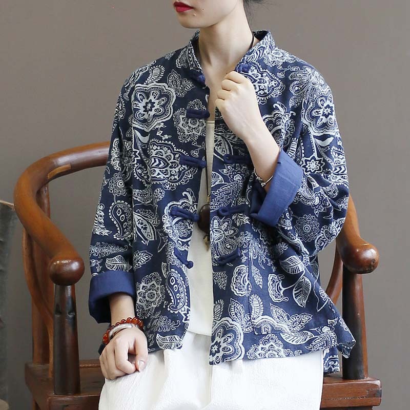 Cotton And Linen Jacket Women's Ethnic Blue Calico Cardigan