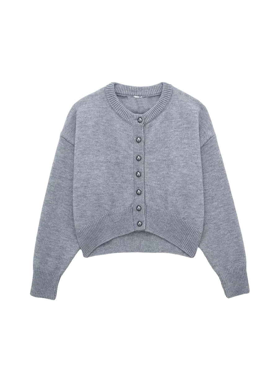 Female Gray High Waist Short Decorated Row Button Knitted Coat