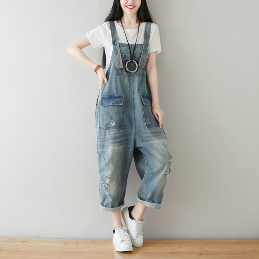 Retro-Harems-Jumpsuit aus Denim für Damen in Übergröße