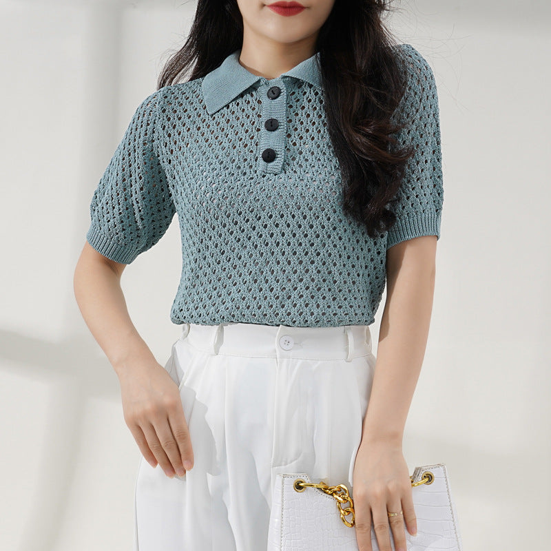 Women's POLO Collar Short Western Style Knitted Top