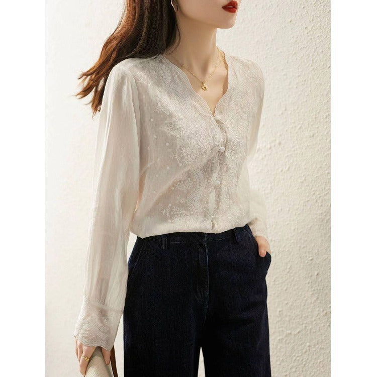 Fashion New V-neck Retro Cotton And Linen Inner And Outer Wear Shirt Women