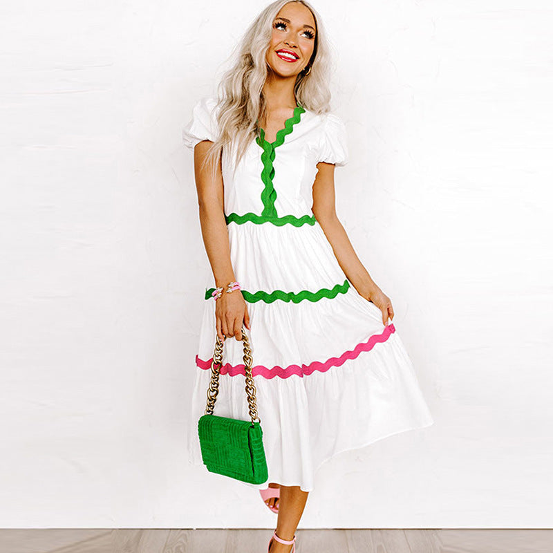 European And American Leisure Loose V-neck Short Sleeve Dress