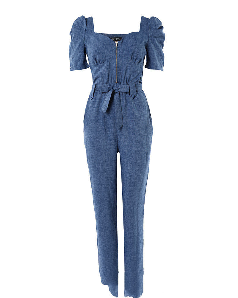 Europäischer und amerikanischer Jumpsuit mit Puffärmeln und Schnürung für Damen