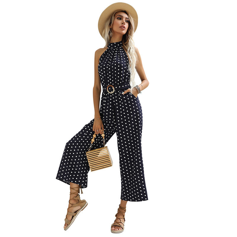 Sommerlicher Jumpsuit mit weitem Bein, Neckholder, Gürtel, gepunktetem Muster und Hosenträgern in Schwarz